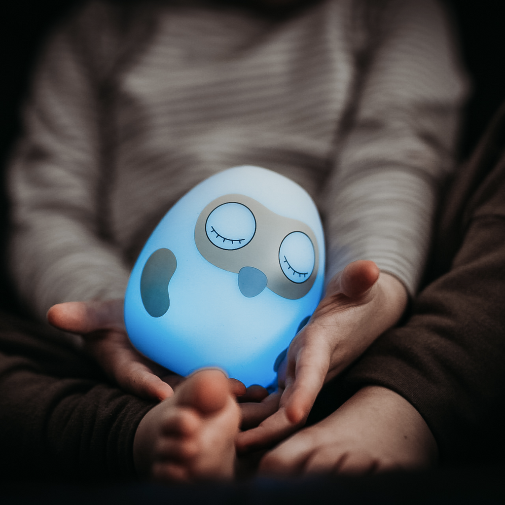 Hands holding Ooly sleep clock with blue glow
