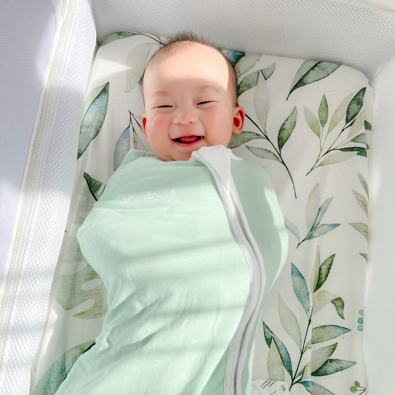 SmartSnugg SmartSleeper with double zip in mist green, cotton and bamboo baby and toddler swaddle bag / sleeping bag